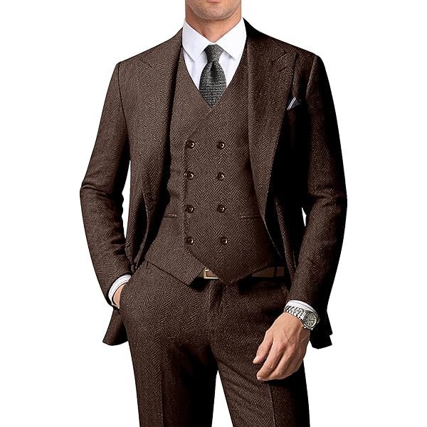 Peak-Lapel Herringbone Three-Piece Suit
